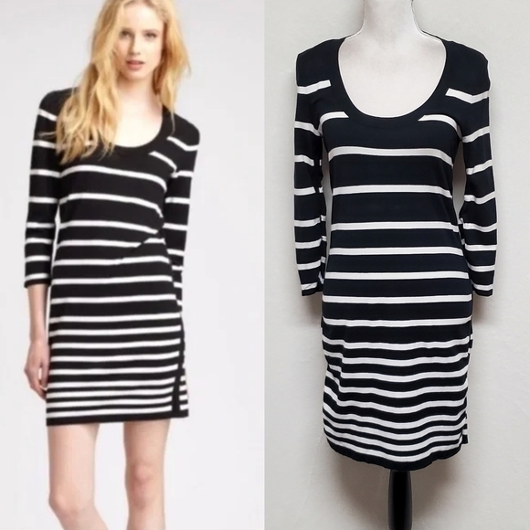 RAG & Bone Black White Asymmetric Striped Stretchy Quarter Sleeve Frock Dress - Picture 1 of 11